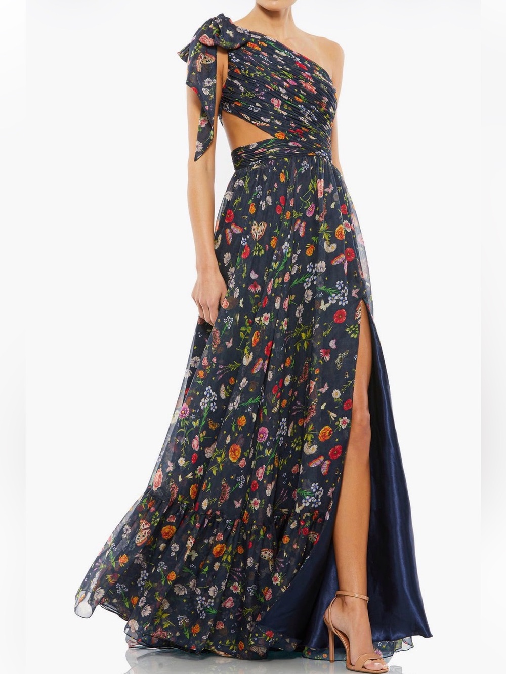 Mac Duggal Floral One Shoulder Cut Out Gown